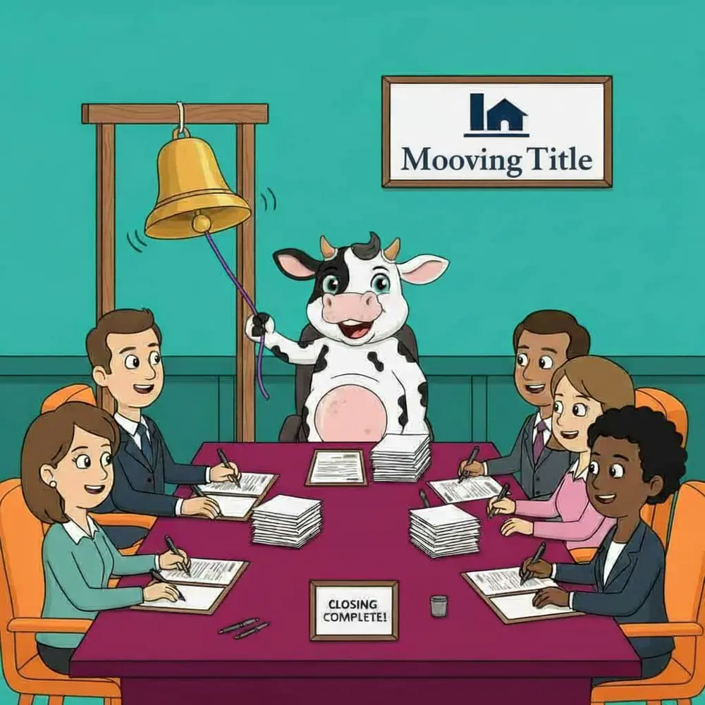 Molly MOO ringing the bell at a closing table for a Livingston County home sale