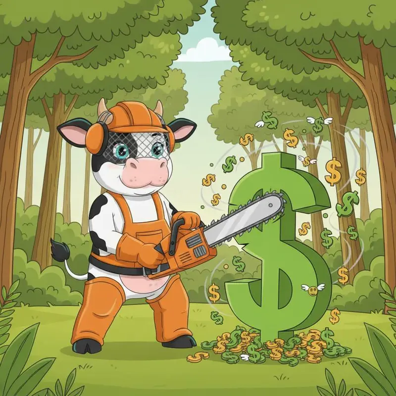 Molly MOO cutting a dollar sign with a chainsaw, showing what Livingston County sellers keep with a flat fee