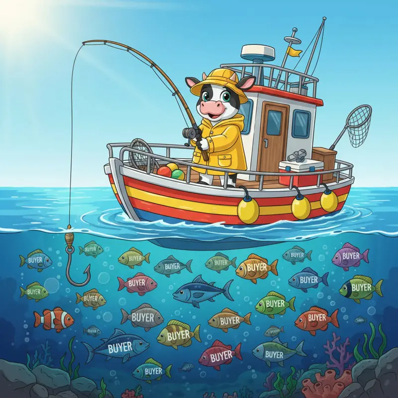 Molly MOO fishing from a boat over a sea of buyers who see Livingston County listings on the MLS