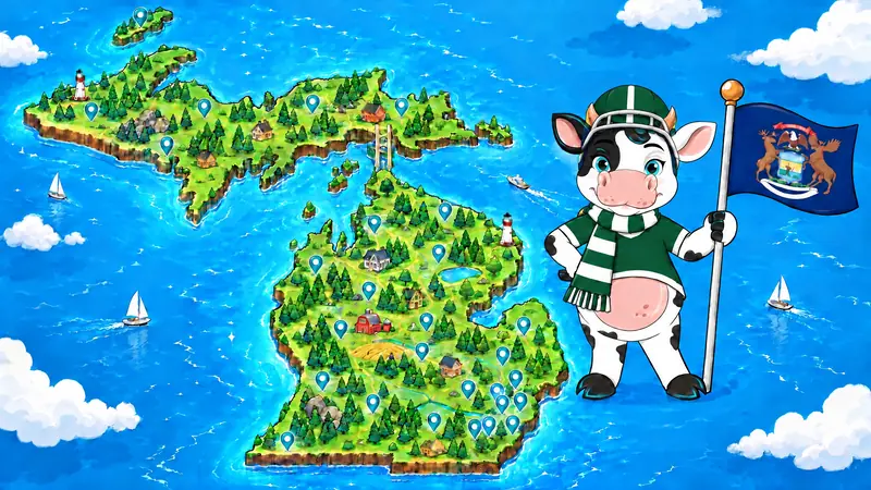 Molly MOO with a green and white Michigan map for Ingham County listings