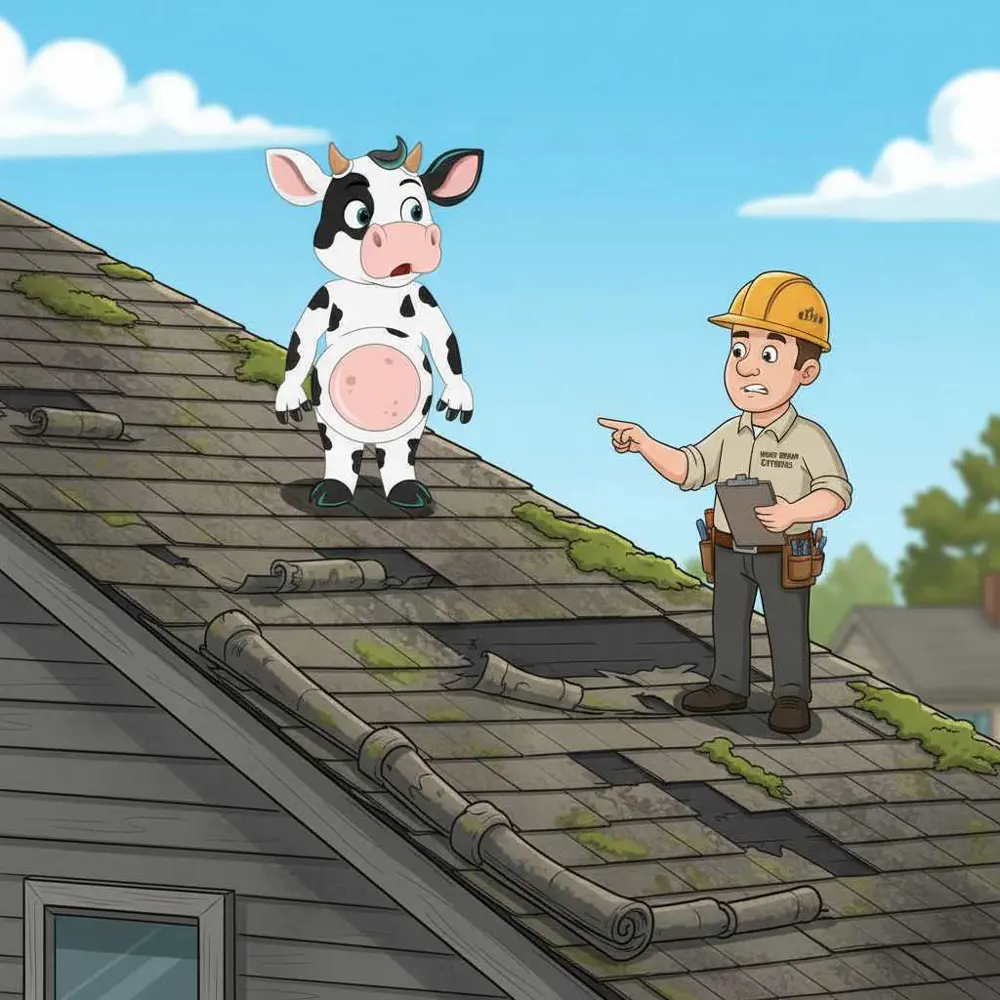 Molly MOO inspecting a roof, a reminder for Kent County sellers to check local rules before listing